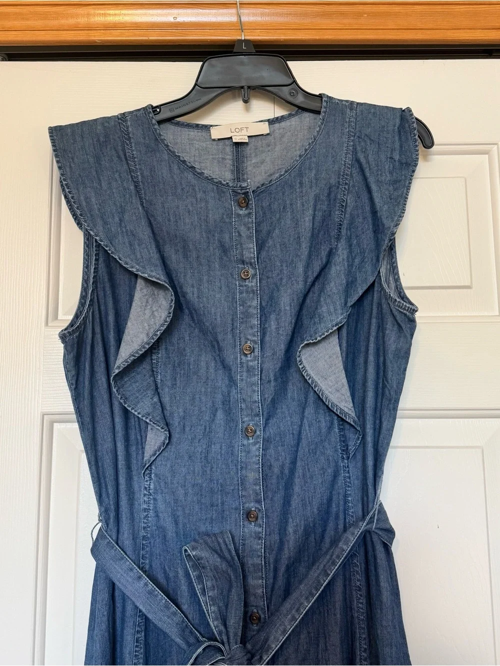 Loft Chambray Button Ruffle Midi Dress size 12